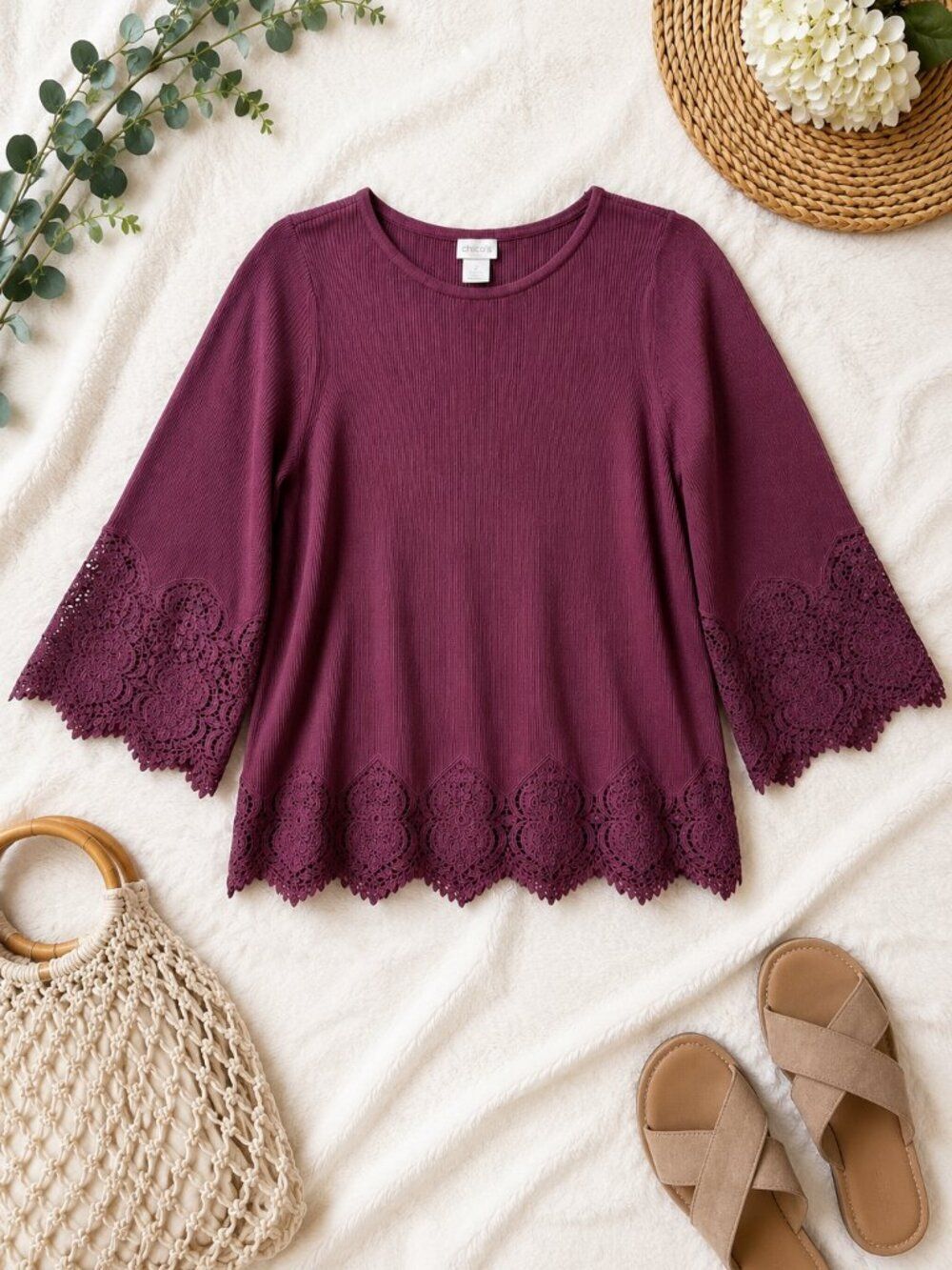 Chico’s Purple Lace Trim Sweater Top Women’s Large Boho Romantic Cottagecore